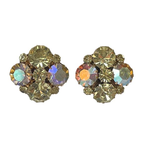 1950s Weiss Aurora Yellow Borealis Rhinestones Circular Cluster Clip Earrings - Picture 1 of 3